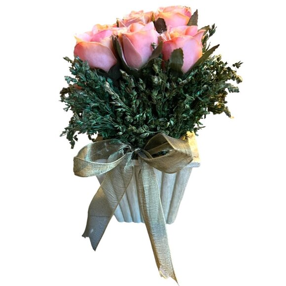 Silk Pink Tea Rose Plant Resin Planter Gold Wire Ribbon 7" Tall x 5.5" Square - Picture 6 of 13